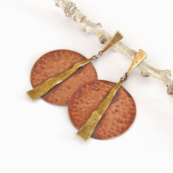 Vintage Hammered Copper and Brass Mixed Metal Pierced Post Earrings - Picture 3 of 6